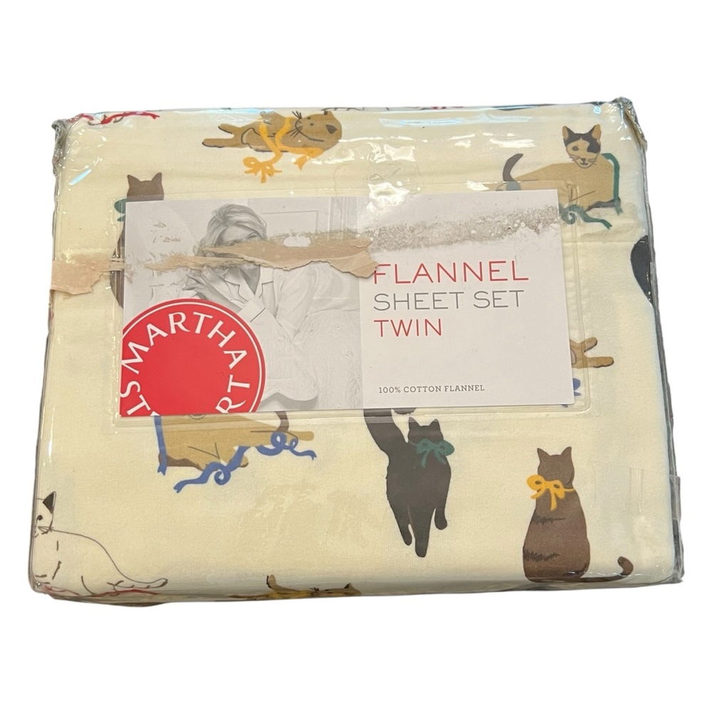 Martha Stewart Collection Festive Felines Twin Flannel Sheet Set NEW Cotton 2016